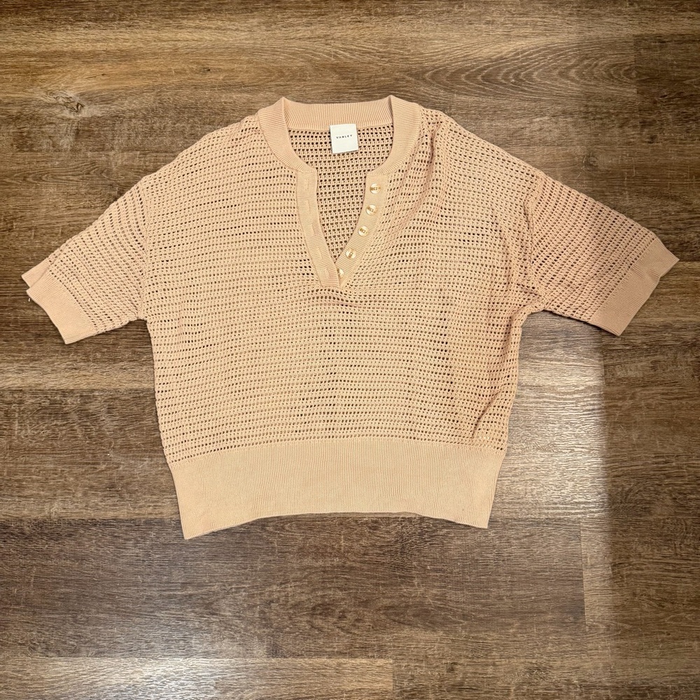 Varley Callie Open Knit V-Neck Top in Beige